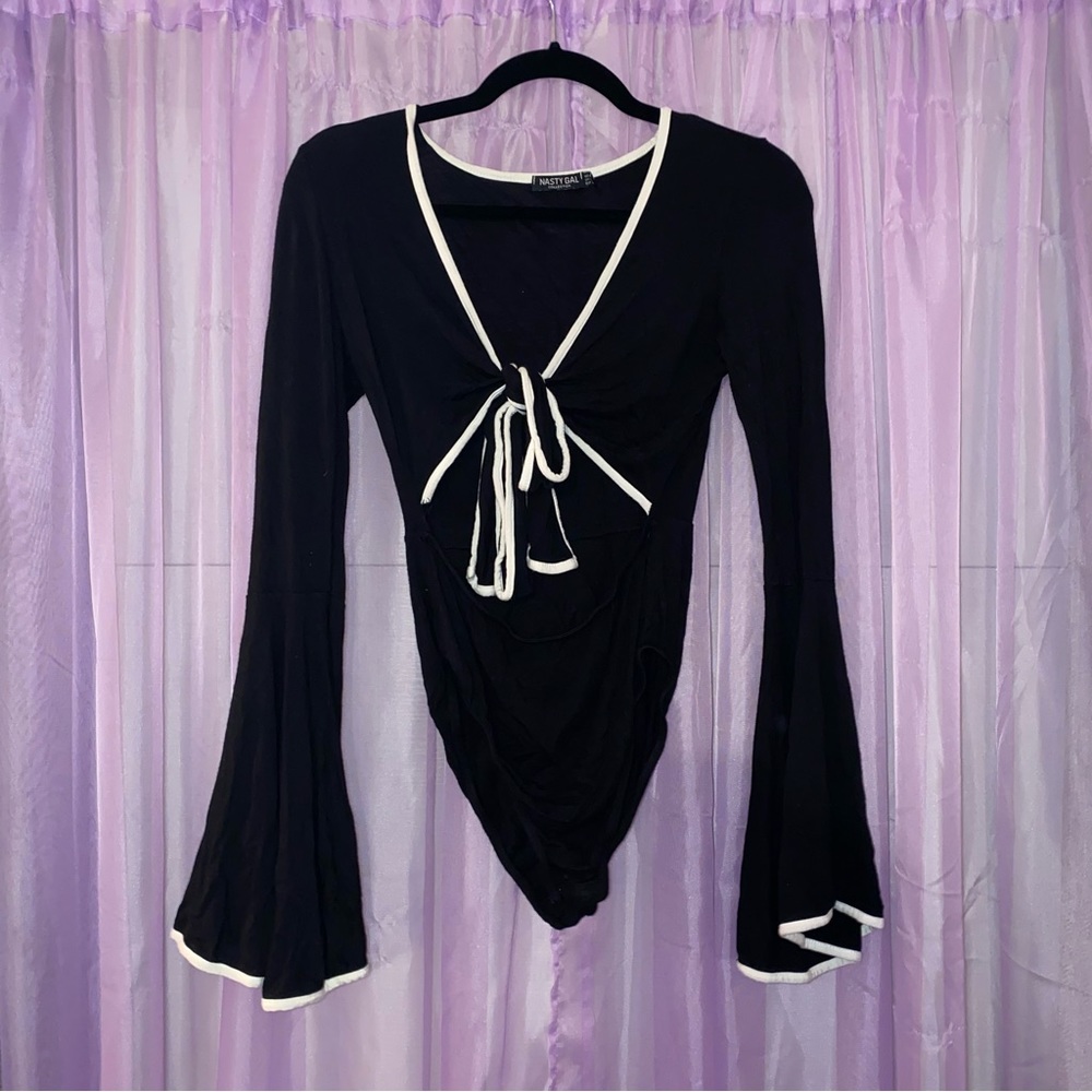 Nasty Gal Black Tie Bell Sleeve Long Sleeve with White Trim Crop Bodysuit